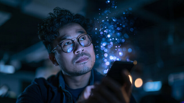 Thoughtful Asian Man with Smartphone and Glowing Digital Data