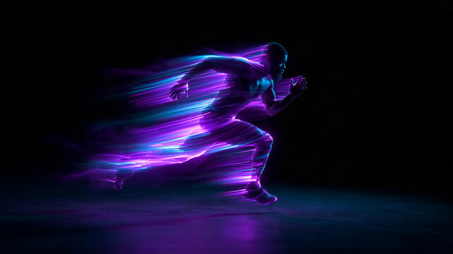 Male Runner Sprinting with Neon Light Motion Trails