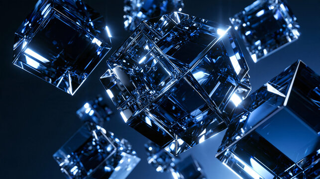 Abstract Futuristic Blue Glass Cubes Floating in Space