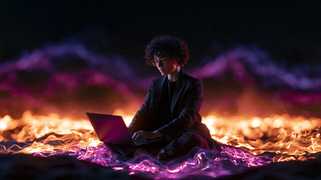 Cybersecurity Specialist Using Laptop Amid Digital Flames