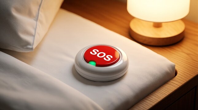 Red SOS button sits on white bed pillow near nightstand lamp. Emergency alert device green glowing light for quick medical help. Smart home safety system provides urgent assistance for senior