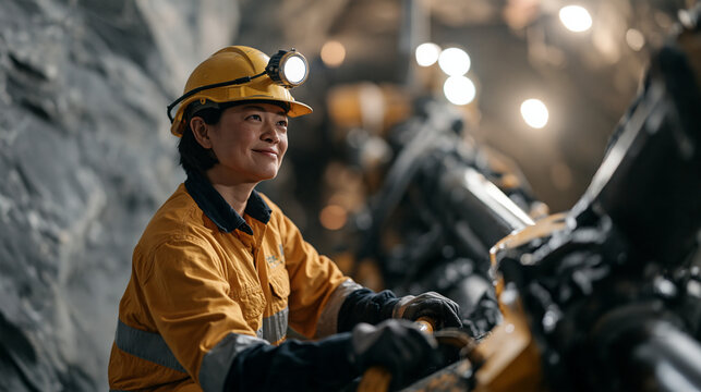 A woman deep mine drilling operator controls a large rock bolting machine inside a dark underground mine tunnel, roof bolt installation in progress overhead, machine lights