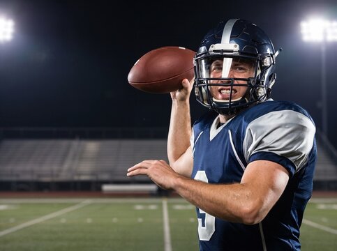 american football quarterback throwing ball at night