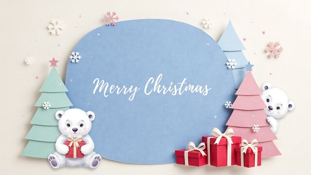 Festive christmas scene with bears presents and paper trees in pastel colors