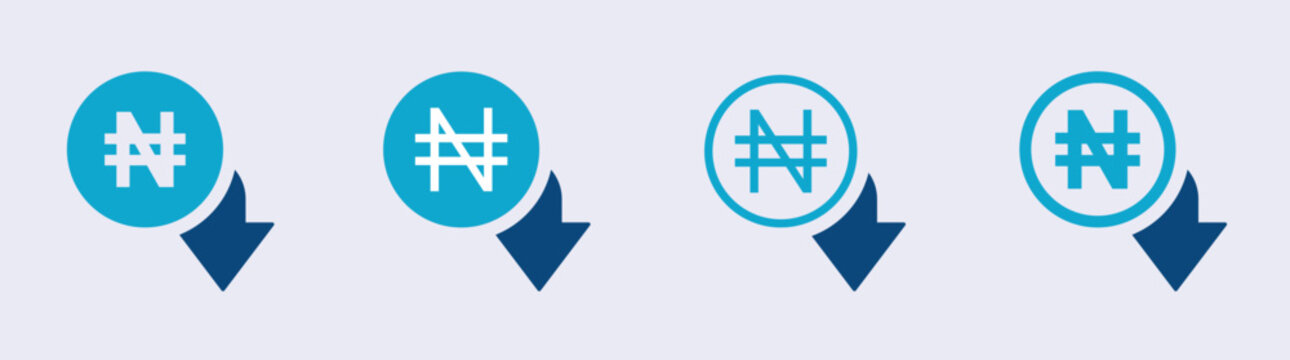 Nigeria Naira price decline vector icons set. Naira currency rate decrease signs set