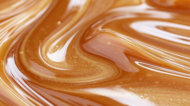 Macro view of glossy golden caramel-colored liquid swirling into smooth waves with metallic shimmer, horizontal luxury abstract background