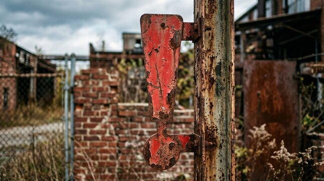 Rusty metal latch corroding on post in industrial yard