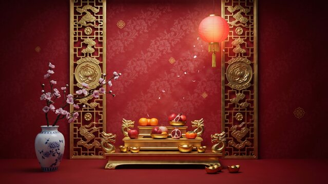 Ornate golden temple interior with red walls and a solitary figure praying