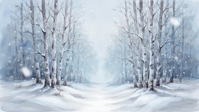Winter forest scene with snow covered birch trees and a bright path