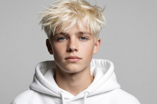 Portrait of young blonde boy with messy hair, blue eyes. Teenage male wears white hoodie in studio. Cool stylish guy looks at camera with serious face. Trendy youth lifestyle fashion closeup on plain