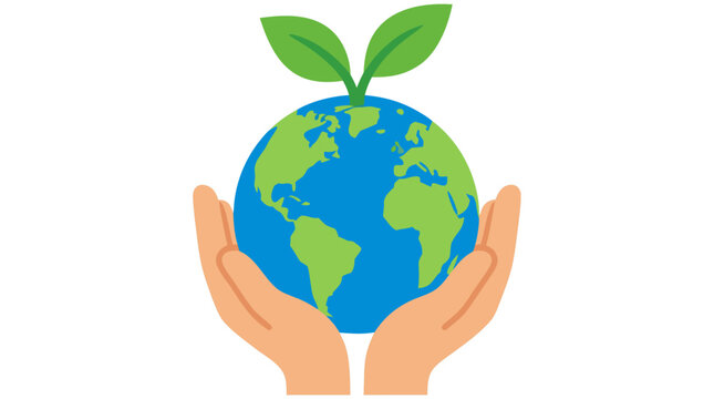 Gentle pair of human cupped hands cradling a blue and green earth planet globe topped with a green two-leaf sprout seedling, environmental conservation modern flat vector illustration