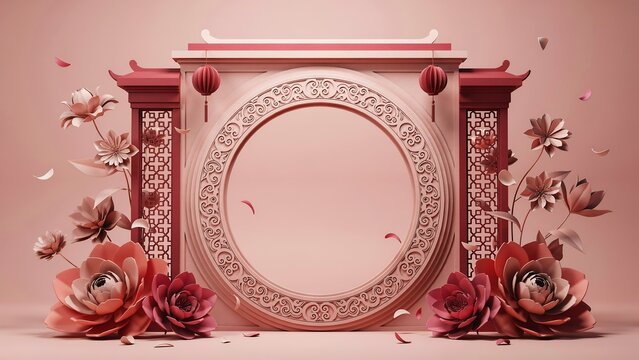 Elegant pink floral frame with butterflies on a soft pastel background