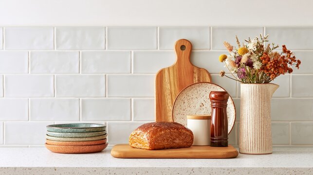 Warm minimalist kitchen counter styled with fresh bread, ceramic tableware, wooden cutting board and dried flowers against white tile backsplash, horizontal interior composition with copy space