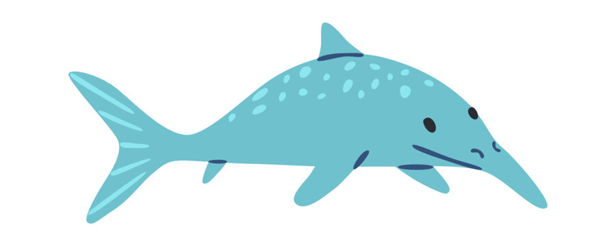 Cute water dinosaur. Cartoon jurassic reptile animal. Character dino fish print design. Funny sea wildlife ichthyosaur monster. Flat vector illustration, hand drawn.