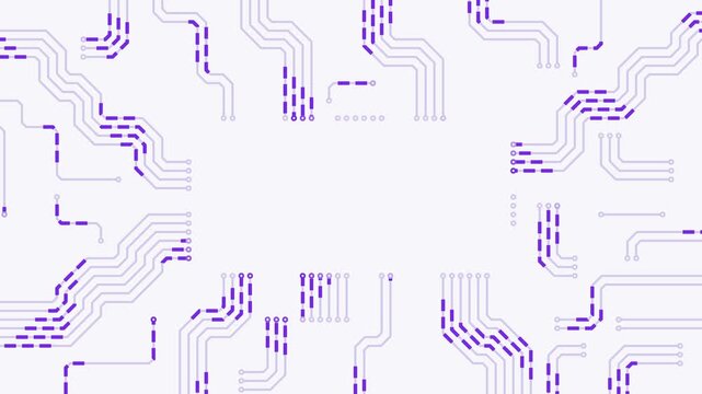 Circuit board traces with violet data pulses on white, seamless loop