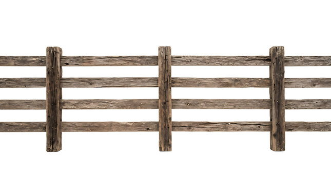 Weathered rustic wooden fence section isolated on white background with boundary