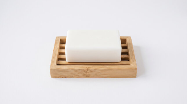 White soap bar on a slatted bamboo soap dish, symbolizing cleanliness, hygiene, and natural wellness, perfect for bath or spa concepts
