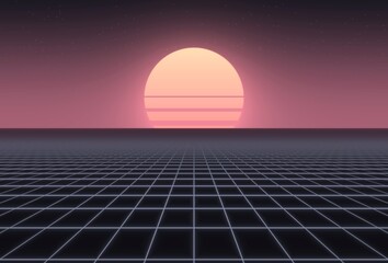 Retro synthwave sunset with neon grid in red, blue and pink on black background, abstract digital art © Baurzhan
