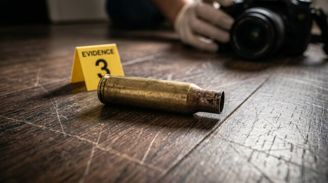 Crime scene investigation evidence marker with bullet casing and camera on wooden floor forensic examination