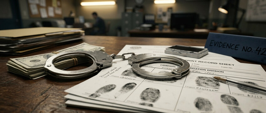 Criminal investigation scene with handcuffs money fingerprint records and phone on desk Crime evidence