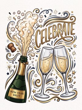 Champagne Bottle Popping with Toasting Flutes and Celebrate Lettering for New Year Party