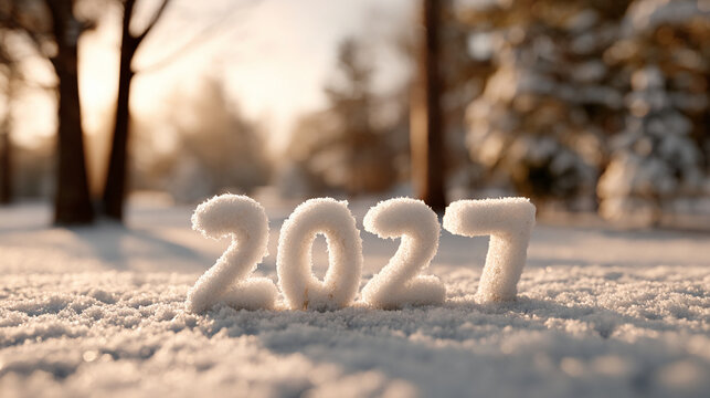 Frosty snow blankets the ground. White digits spell '2027' in the snow. Blurred trees stand in the distance. Soft sunlight glows behind them. The winter landscape feels peaceful