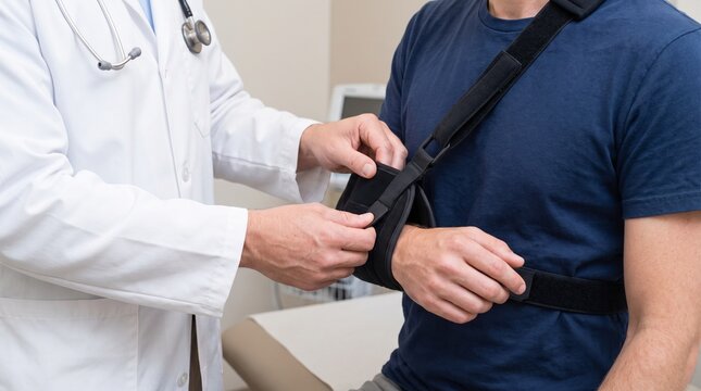 arm sling fitting and orthopedic recovery support. doctor adjusting shoulder immobilizer for injured patient. clinical treatment of arm and shoulder injuries.

