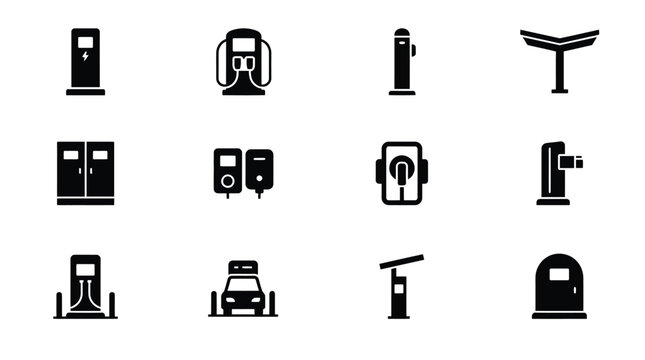Set of twelve minimalist icons depicting various transportation and utility stations