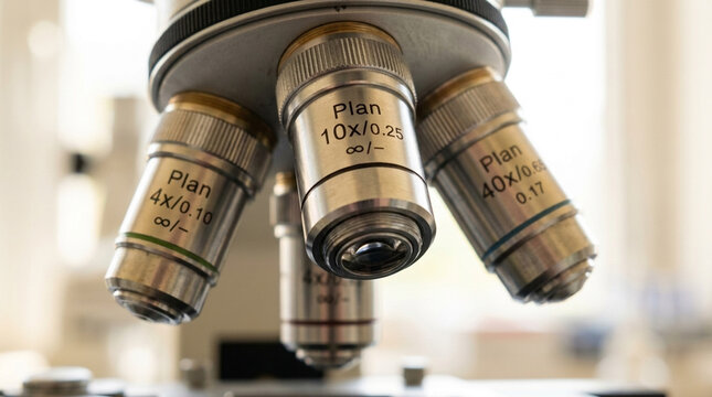 Close up of microscope objective lenses scientific research laboratory equipment magnification