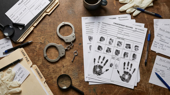 Crime scene investigation tools evidence fingerprints and handcuffs on a wooden desk Concept of justice and law