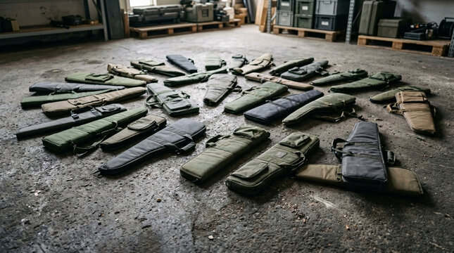 Collection of Diverse Gun Bags and Cases Laid Out on Concrete Floor