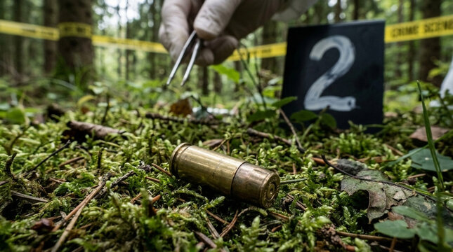 Crime Scene Investigation Bullet Casing Found in Forest by Forensics Expert