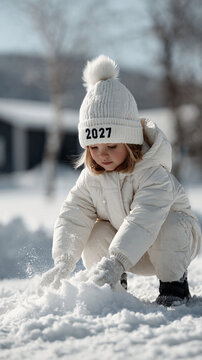 Young girl crouches in deep snow. She wears a white puffer coat and knitted hat with '2027'. White gloves cover her hands. She builds snow, sending flakes into air