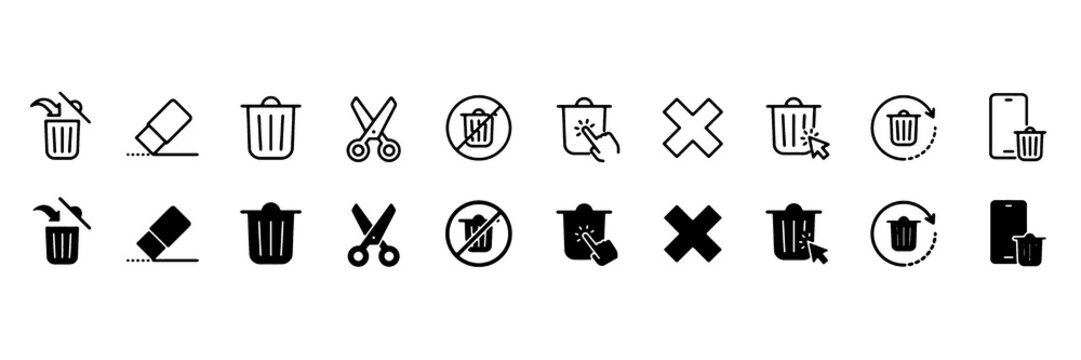 Delete icon set. Trash and remove symbol. Vector illustration.