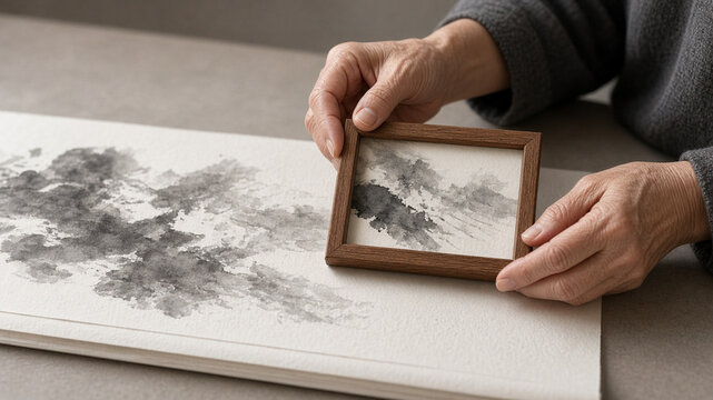 Small frame held over part of a long abstract scroll