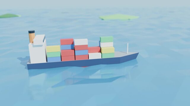 3d shipping container sailing on the ocean, low poly animated shipping route