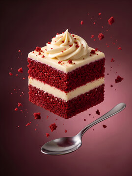 Delicious gourmet red velvet square cake slice with cream cheese swirl and silver spoon floating in air