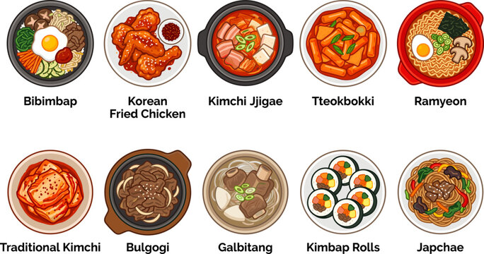Korean food illustration menu set labeled bibimbap fried chicken kimchi jjigae tteokbokki ramyeon kimchi bulgogi galbitang kimbap japchae icons