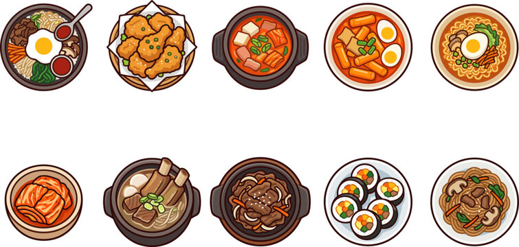 Korean food illustration set bibimbap fried chicken kimchi jjigae tteokbokki ramyeon galbitang bulgogi kimbap japchae cute cartoon icons collection menu