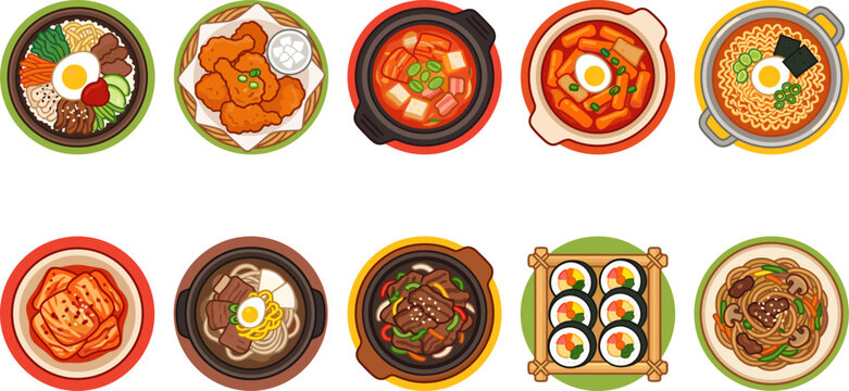 Korean food illustration collection kawaii bibimbap fried chicken kimchi stew tteokbokki ramyeon kimchi galbitang bulgogi kimbap japchae menu set icons