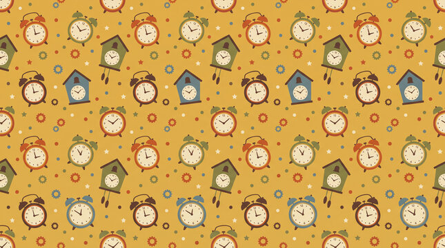 Seamless pattern with vintage clocks alarm clocks and cuckoo clocks on mustard yellow background for home decor wallpaper
