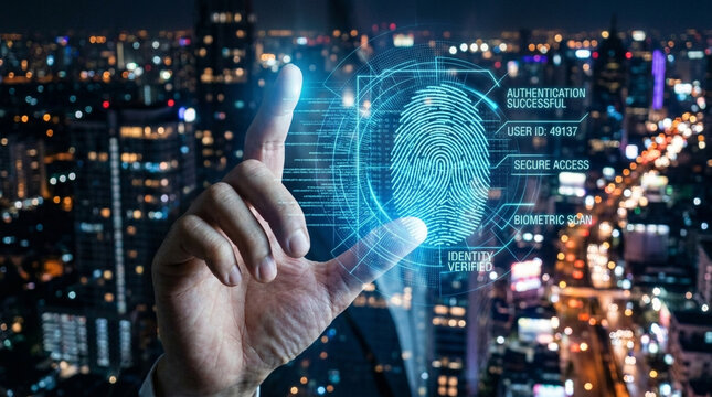 Biometric Fingerprint Scan Technology Futuristic Digital Security Interface Overlaying Cityscape at Night