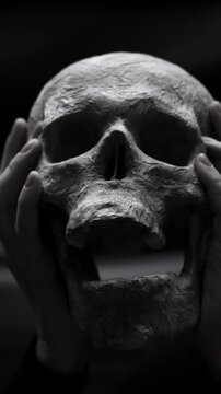Human skull made of plaster and paper in hands on black background. Handmade Halloween decoration. Creepy handmade skull for Halloween, horror themed party or All Saints Day