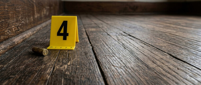 Bullet Casing and Evidence Marker 4 on Wooden Floor Crime Scene Investigation Concept
