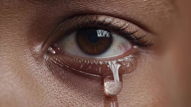 Emotional macro slow motion video of a heavy tear drop welling up and rolling down the lower eyelid from a crying watery brown eye in moody dramatic light.