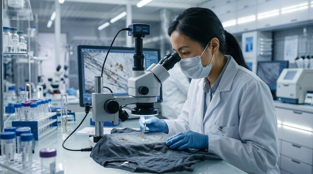 Asian Woman Scientist Examining Fabric Under Microscope in Laboratory Research