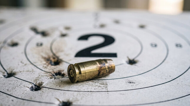 Bullet casing on target with number 2 and bullet holes close up macro shot weapon concept