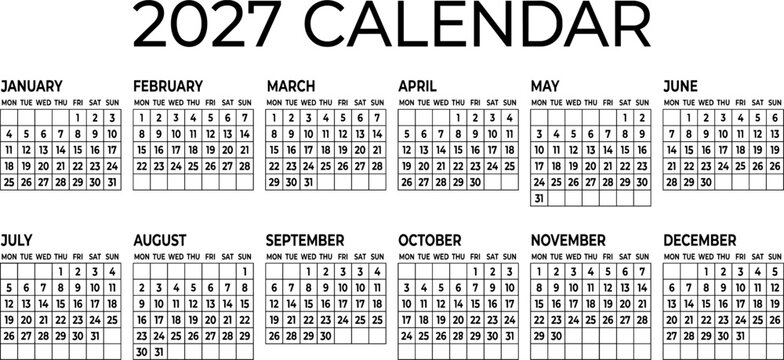 2027 calendar yearly grid layout months january december weekly planner minimalist template printable annual organizer schedule design vector