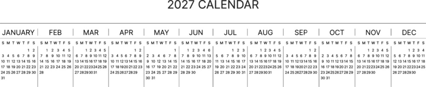 2027 calendar yearly planner horizontal layout months january december minimalist annual schedule template printable organizer design vector