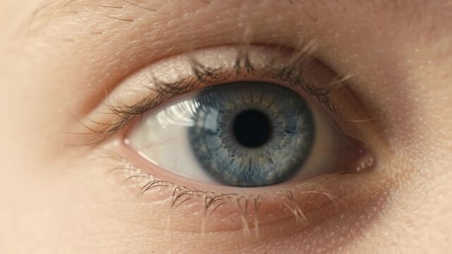 Pristine macro close up video of a clear blue human eye opening and dilating, revealing intricate iris fibrous texture, pupil movement, and healthy lashes.